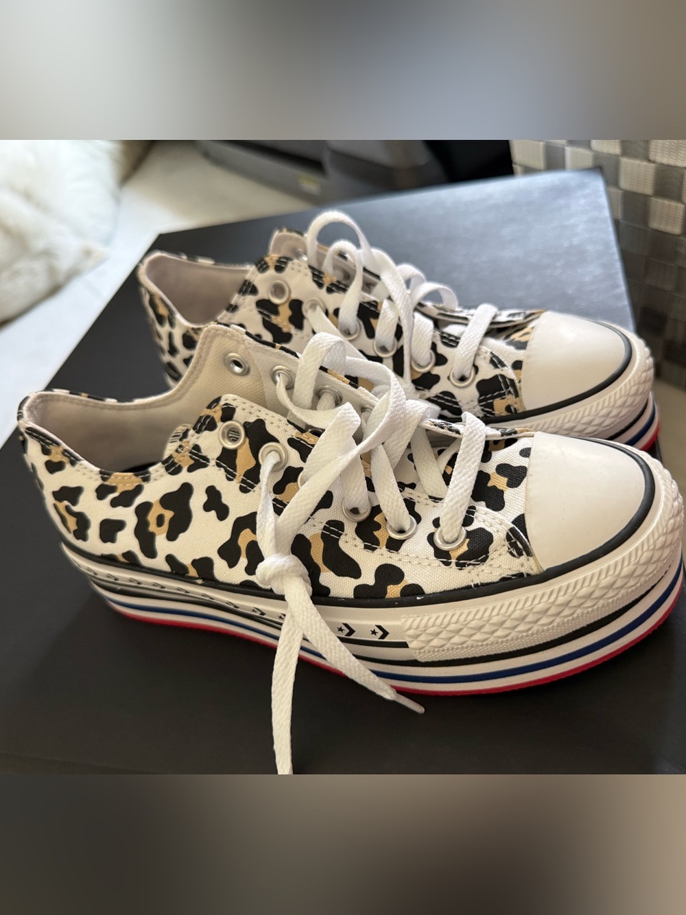 Leopard Platform Sneakers with Red-White-Blue Stripes